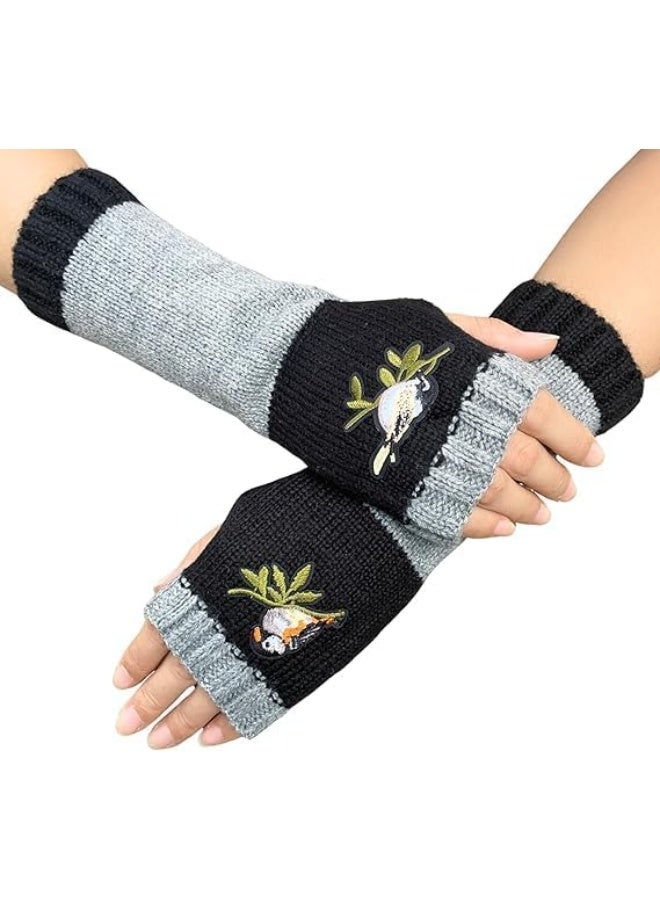 Warm Patchwork Embroidered Fingerless Gloves with Vintage Knitted Design and Bird Embroidery